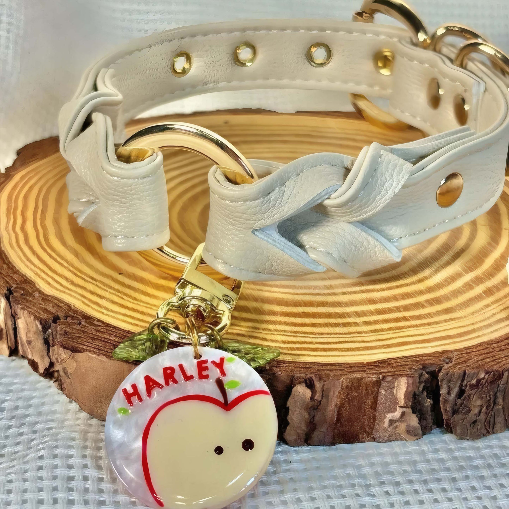【Cream Dune】Dog Collar & Leash & Pet ID Tag-Set