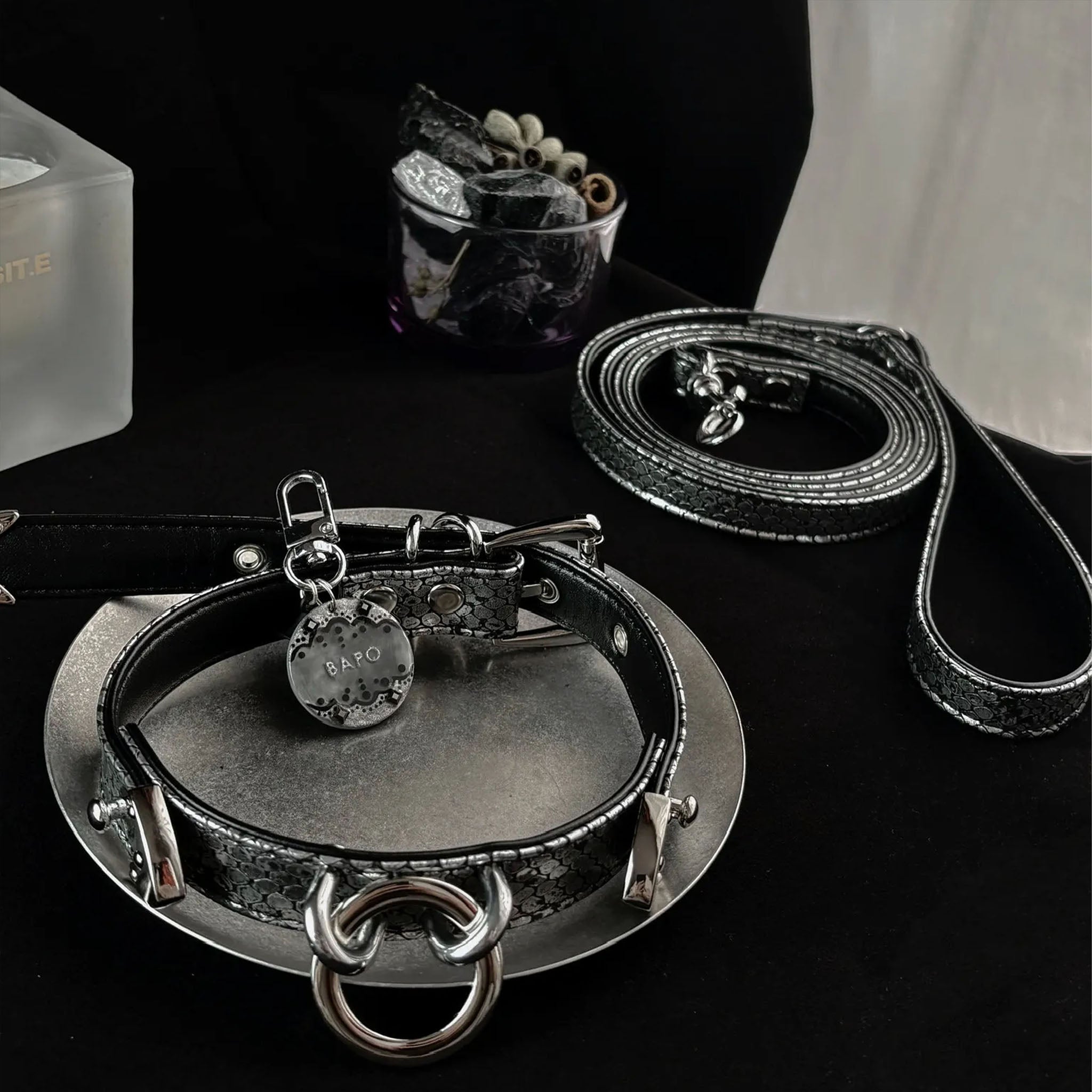 【Black Galaxy】Dog Collar & Leash & Pet ID Tag-Set