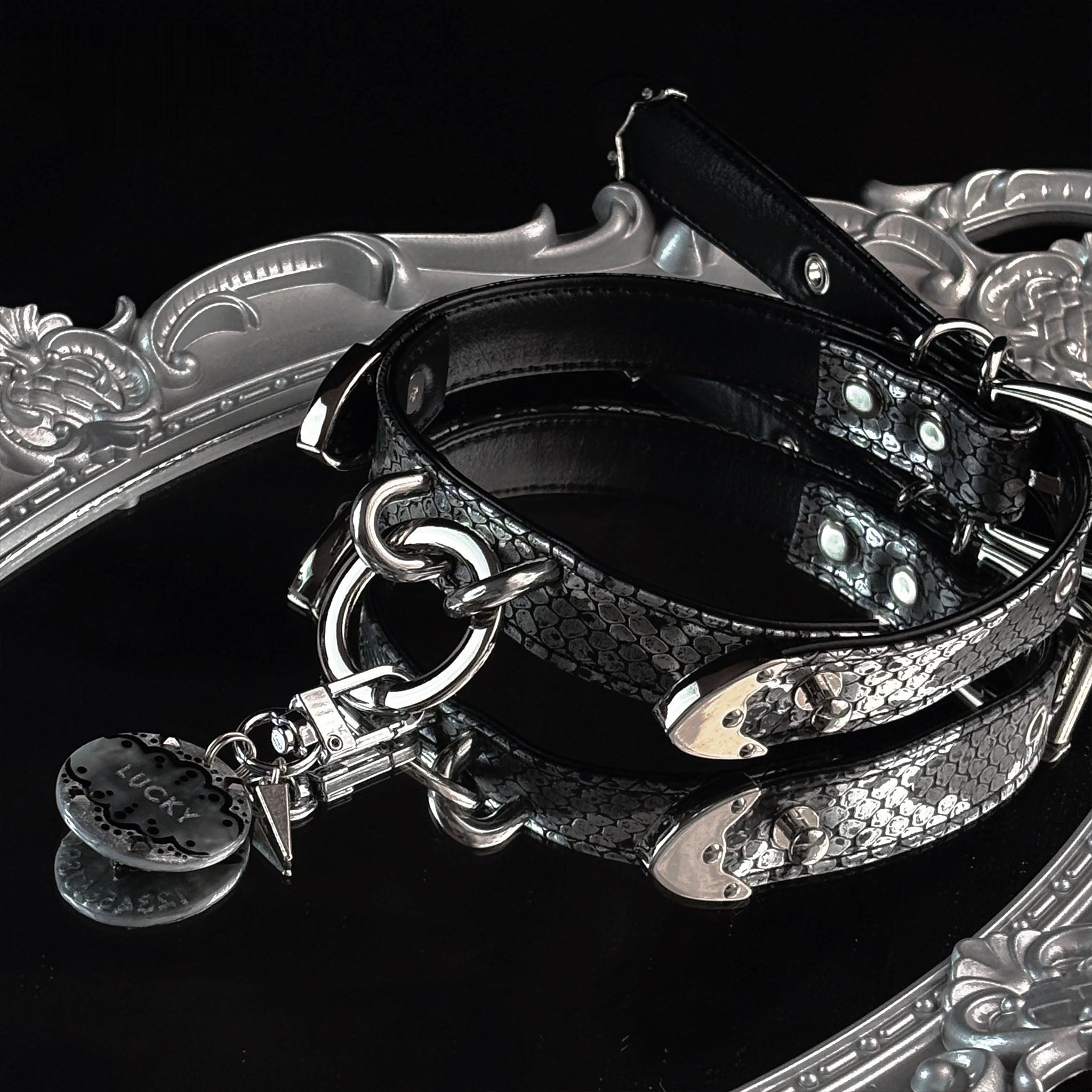 【Black Galaxy】Dog Collar & Leash & Pet ID Tag-Set
