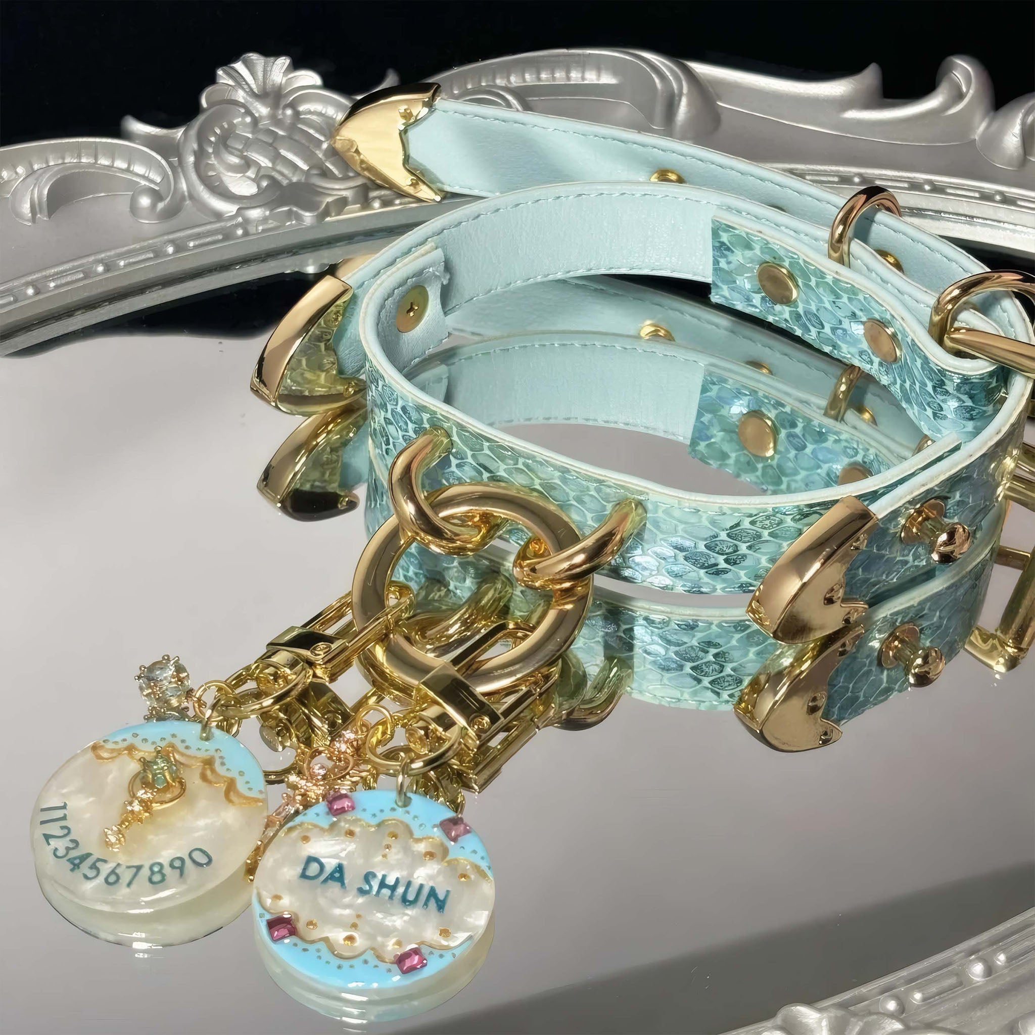 【Blue Lagoon】Dog Collar & Leash & Pet ID Tag-Set