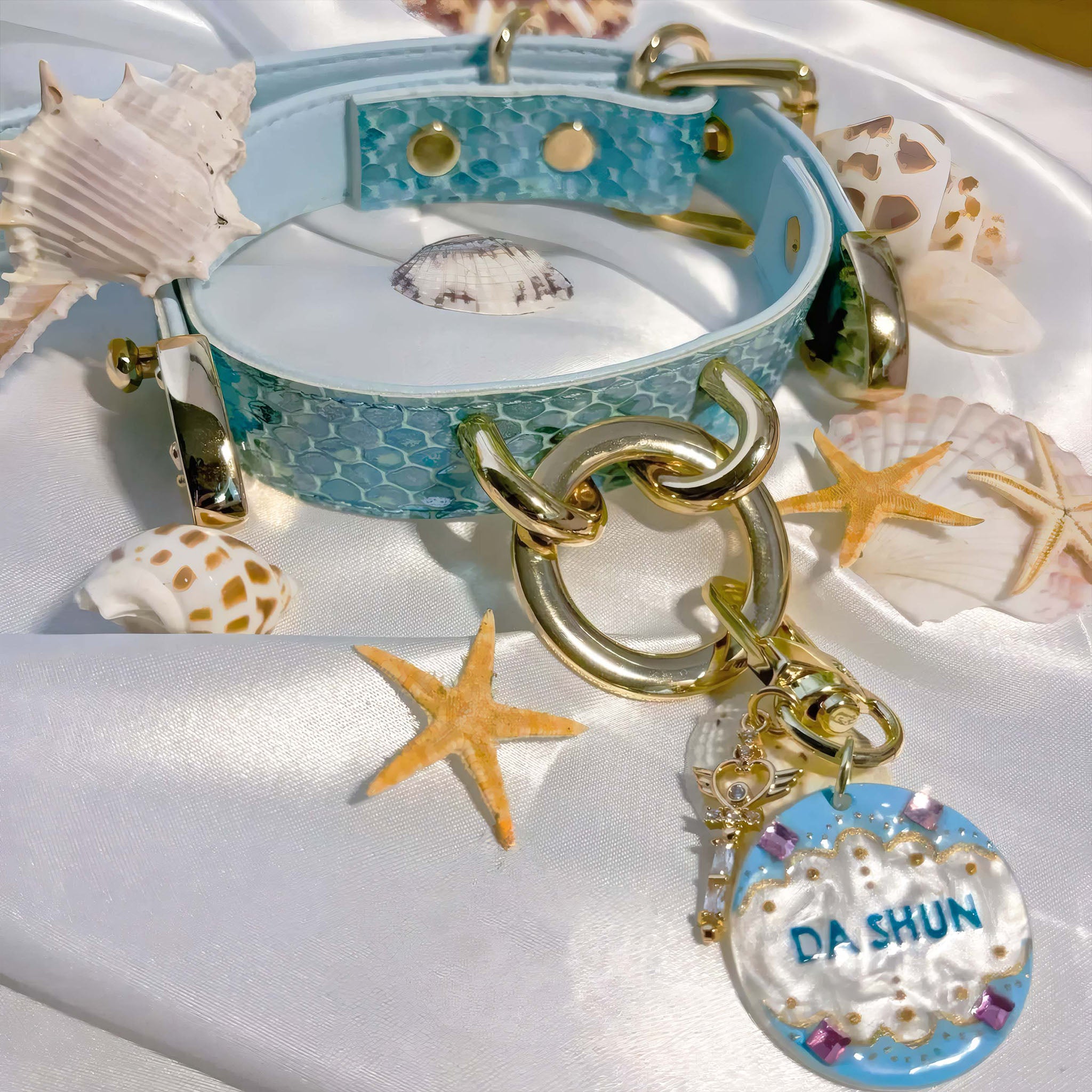 【Blue Lagoon】Dog Collar & Leash & Pet ID Tag-Set