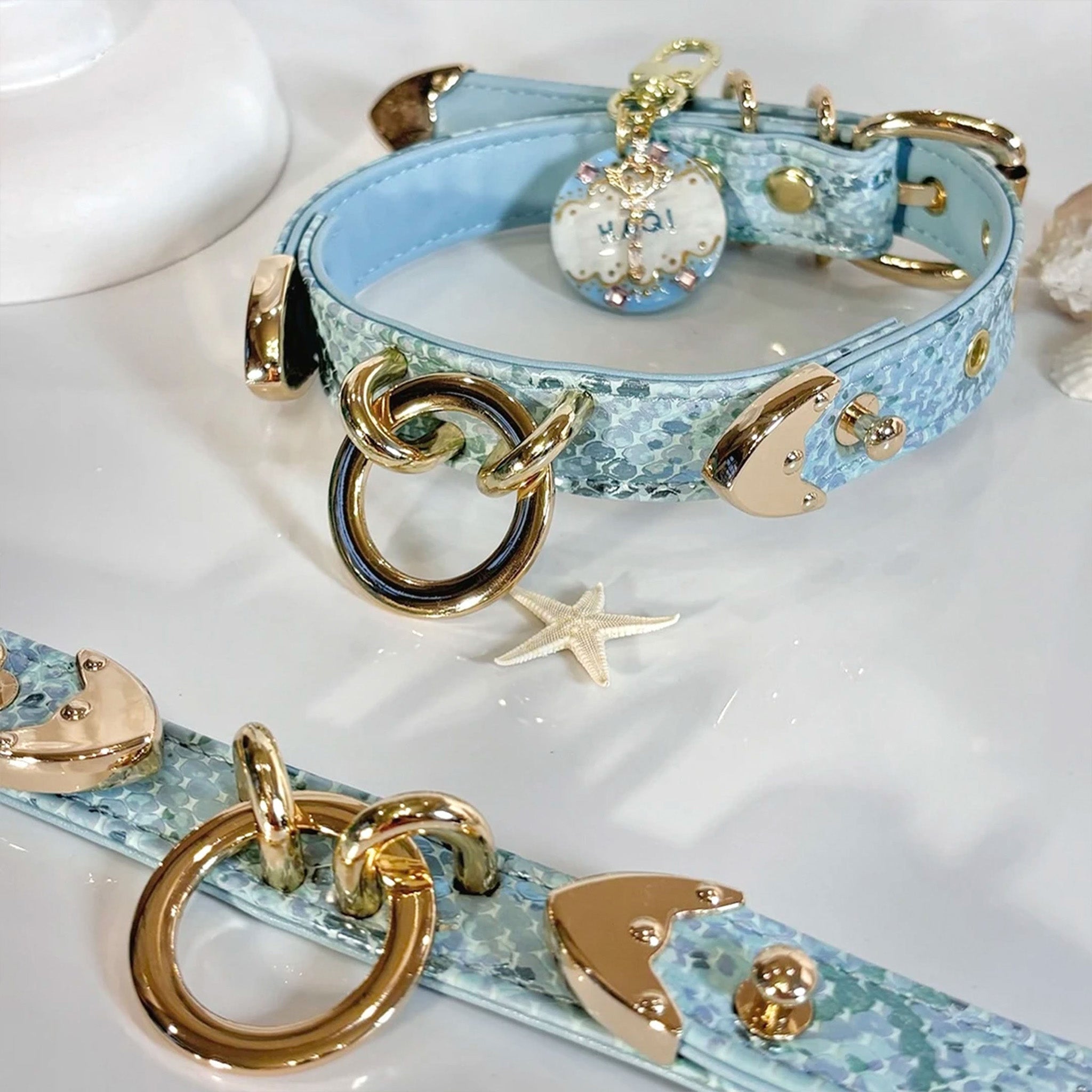 【Blue Lagoon】Dog Collar & Leash & Pet ID Tag-Set