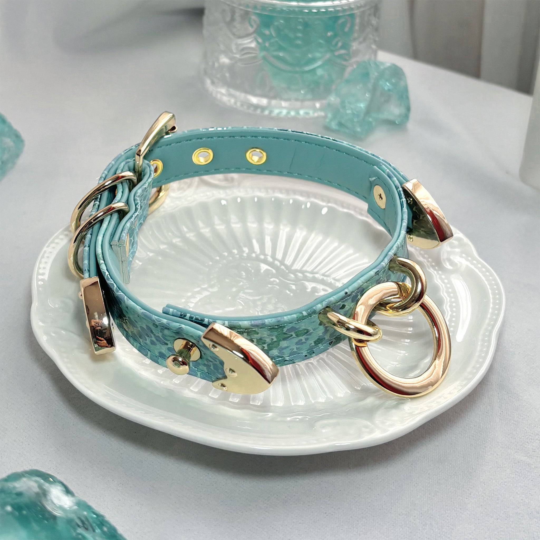 【Blue Lagoon】Dog Collar & Leash & Pet ID Tag-Set