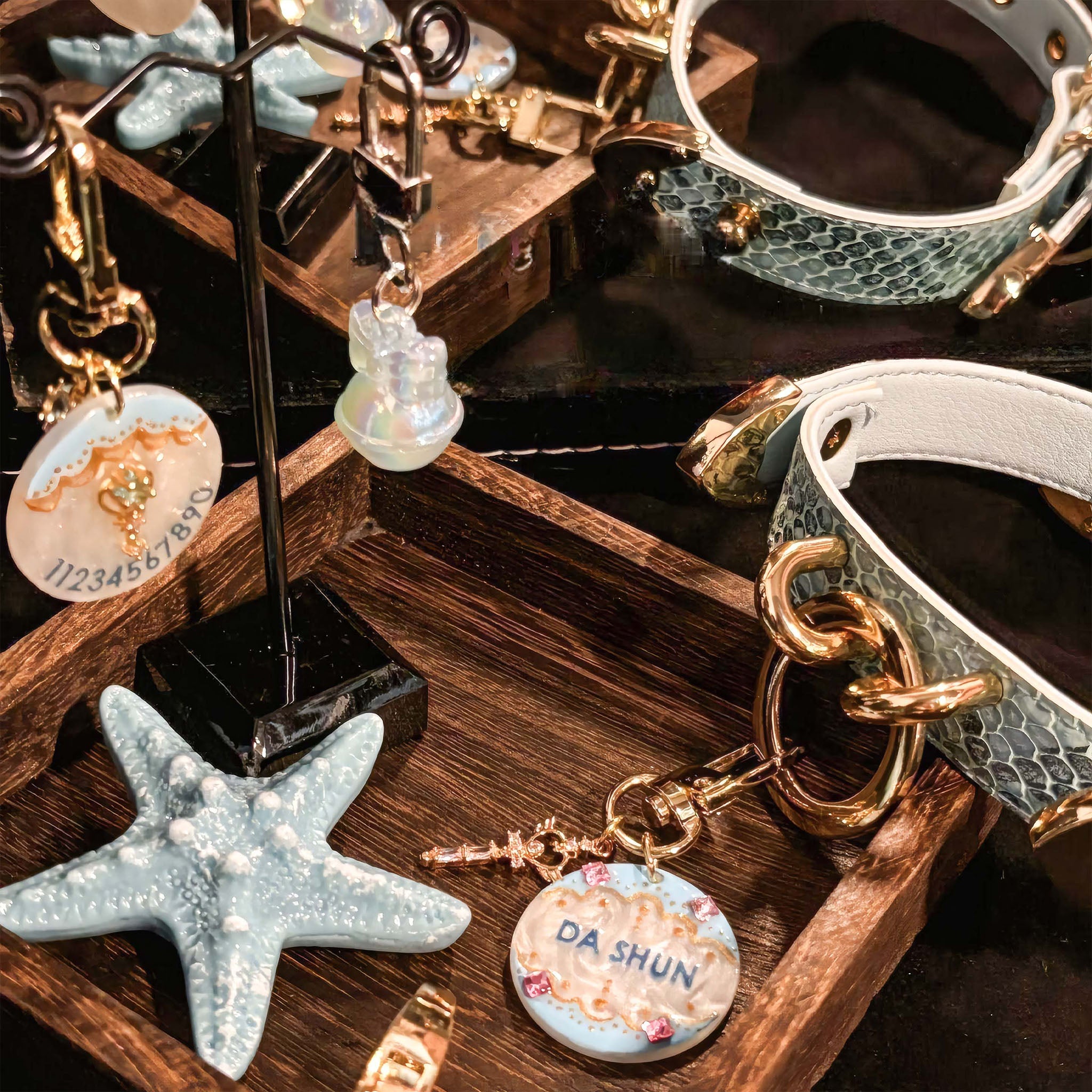 【Blue Lagoon】Dog Collar & Leash & Pet ID Tag-Set