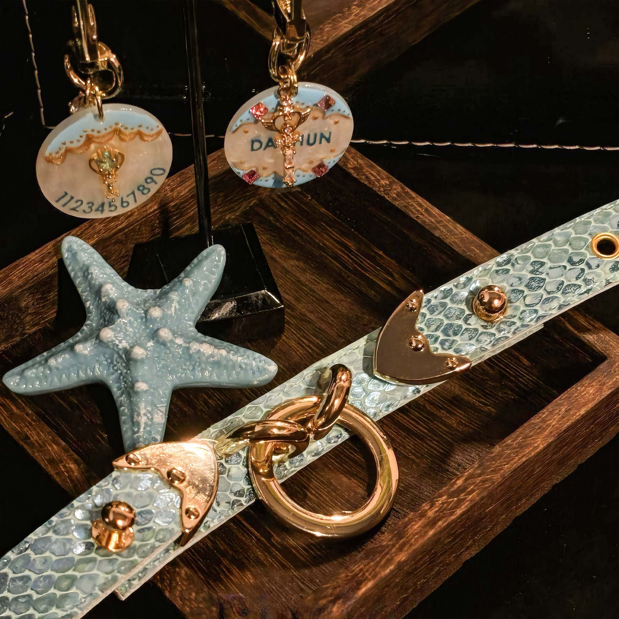 【Blue Lagoon】Dog Collar & Leash & Pet ID Tag-Set