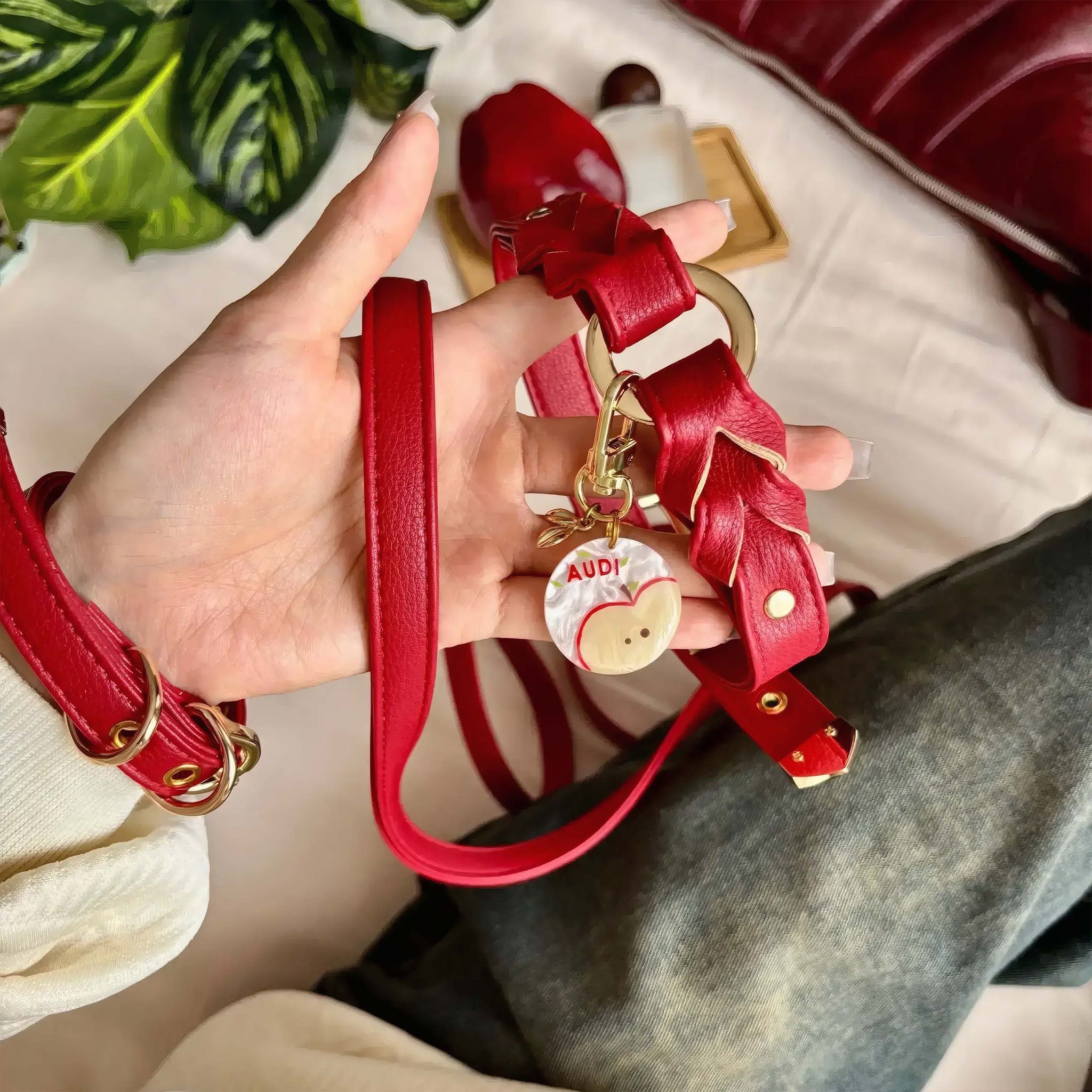 【Red Bloom】Dog Collar & Leash & Pet ID Tag-Set