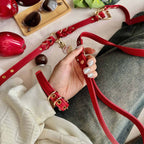 【Red Bloom】Dog Collar & Leash & Pet ID Tag-Set