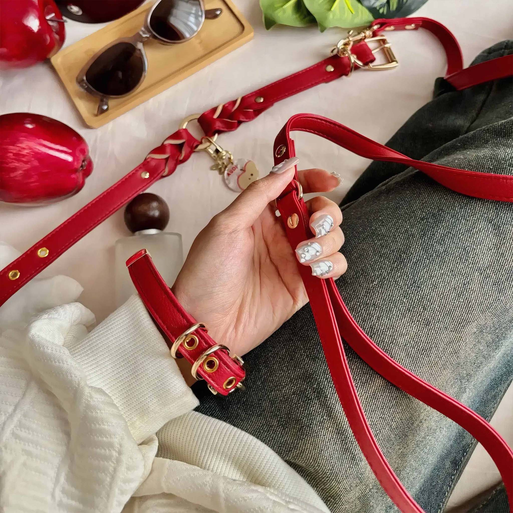 【Red Bloom】Dog Collar & Leash & Pet ID Tag-Set
