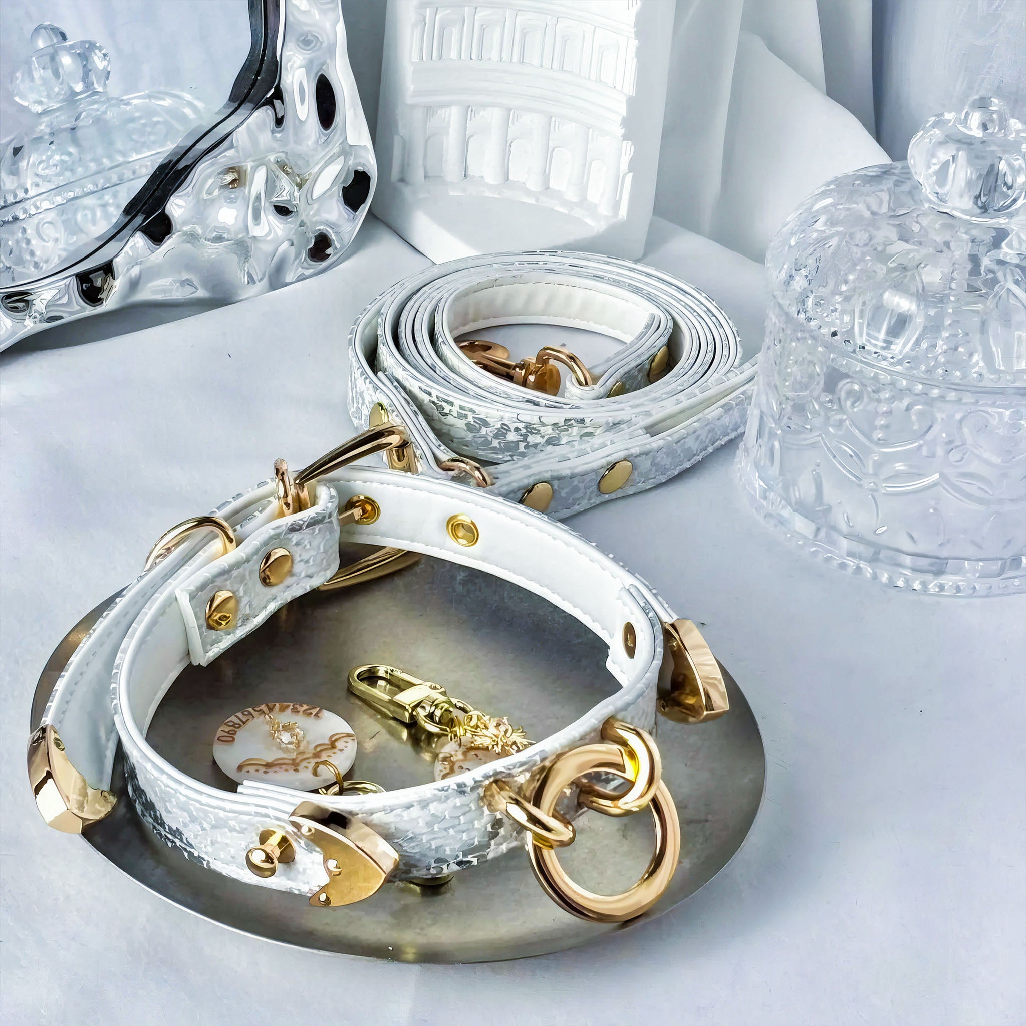 【Silver Frost】Dog Collar & Leash & Pet ID Tag-Set